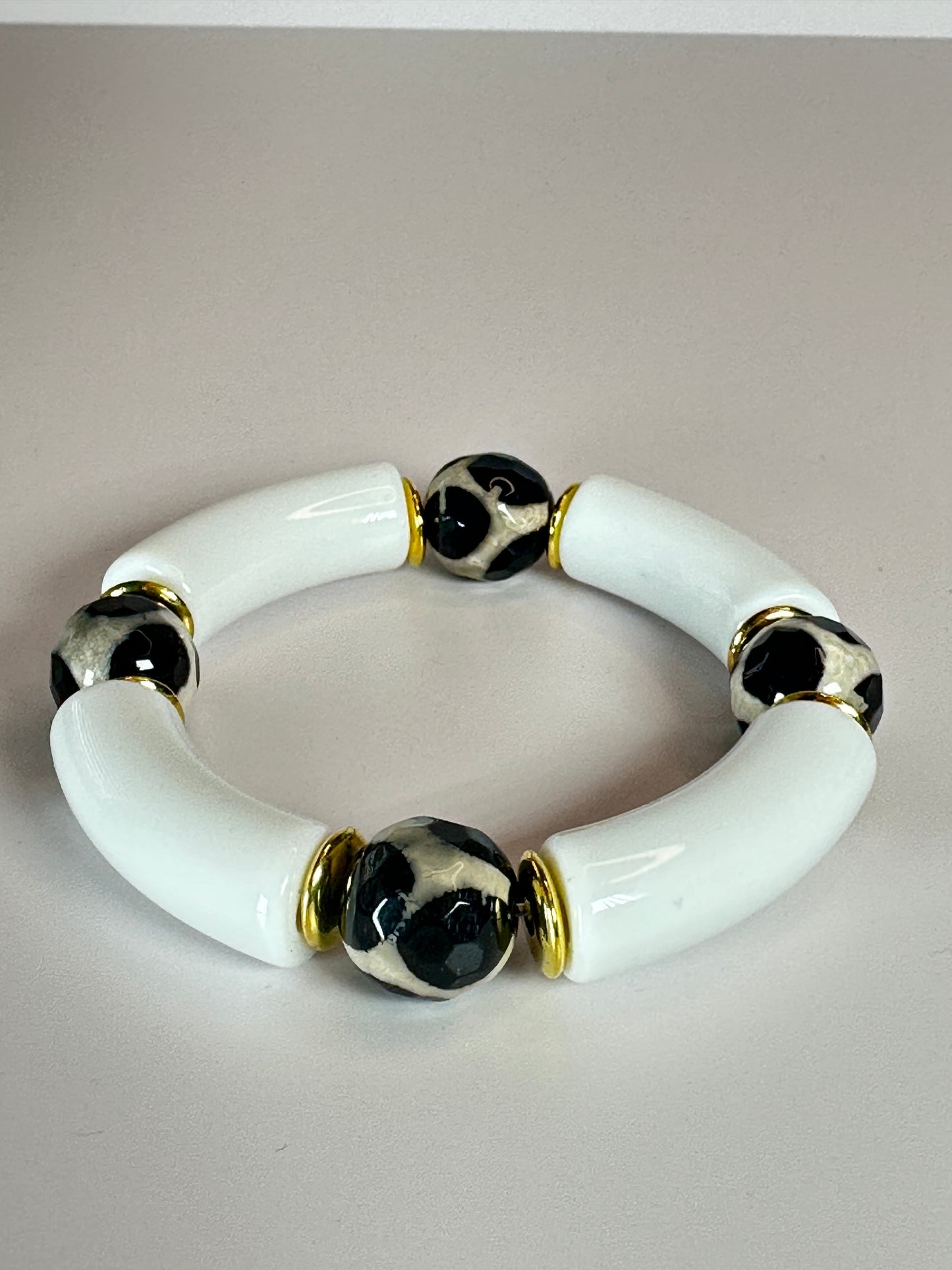 White Noodle Black Bead Bracelet